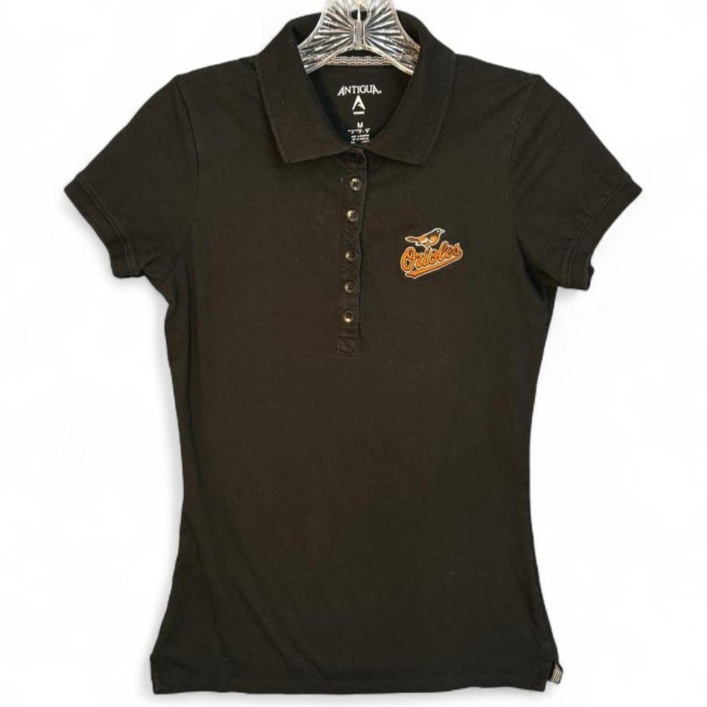 Antigua Baltimore Orioles Womens Size M Black Short Sleeve Polo Shirt MLB